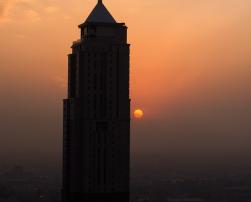 A high rise building at sunset