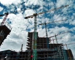 A construction site with cranes