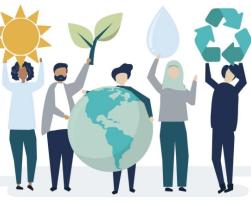 People hold in their hands a sun, planet Earth, a plant, a drop of water and the symbol of recycling. 