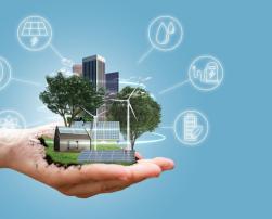 Green smart buidlings on a hand