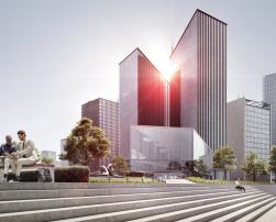 The image shows a modern urban scene with glass skyscrapers in the background and a landscaped area with steps in the foreground. Two people are sitting on a bench talking while the sun shines brightly.