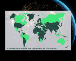 The image shows the the NDC Dashboard for Sustainable Buildings, featuring a highlighted world map and a background view of planet Earth from space.