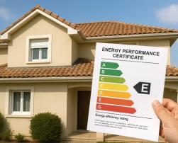 The image shows a beige house with a tiled roof, in front of which a person is holding an Energy Performance Certificate. The certificate displays a colour-coded efficiency scale from A (green) to G (red), with the arrow pointing to E (yellow).