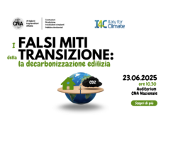 The image is a poster announcing an event on decarbonisation in construction, organised by CNA and Italy for Climate. The event will take place on 23 June 2025 at 10:30 AM at the Auditorium CNA Nazionale.