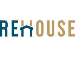 The image displays the word "REHOUSE", with the letters "H" and "O" creatively forming a stylised house, symbolising the concept of housing or refurbishment.