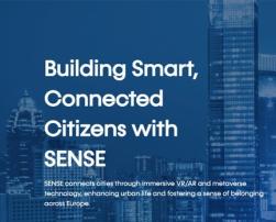 A night-time cityscape with illuminated skyscrapers. The text promotes the SENSE project, which connects cities through immersive technologies like VR/AR and the metaverse.