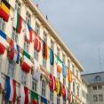 Building facade with EU flags