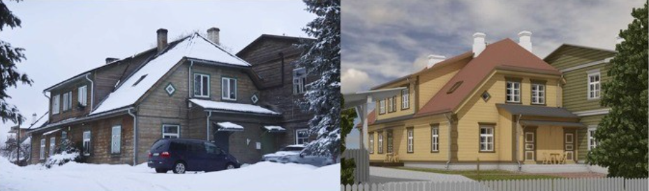 Figure 4: Building at Kreutzwaldi 2, Võru, before renovation (left) and after possible designed renovation (right, by Tõra, K and Kangro K., 2023). 