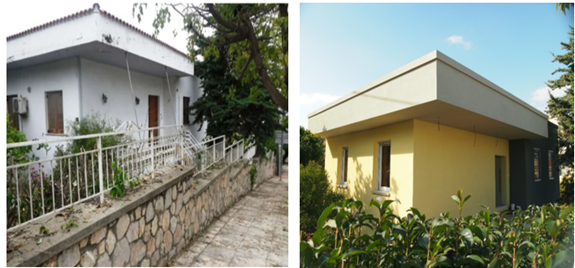 Photo of the building prior (left) and after (right) the renovation according to EnerPHit standard
